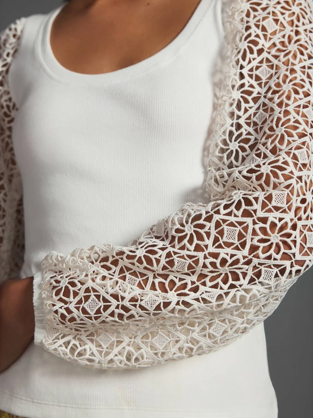 Anthropologie Maeve Lace-Sleeve Ribbed Top - White